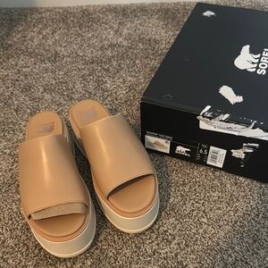 Sorel Beige Platform Slide Sandals